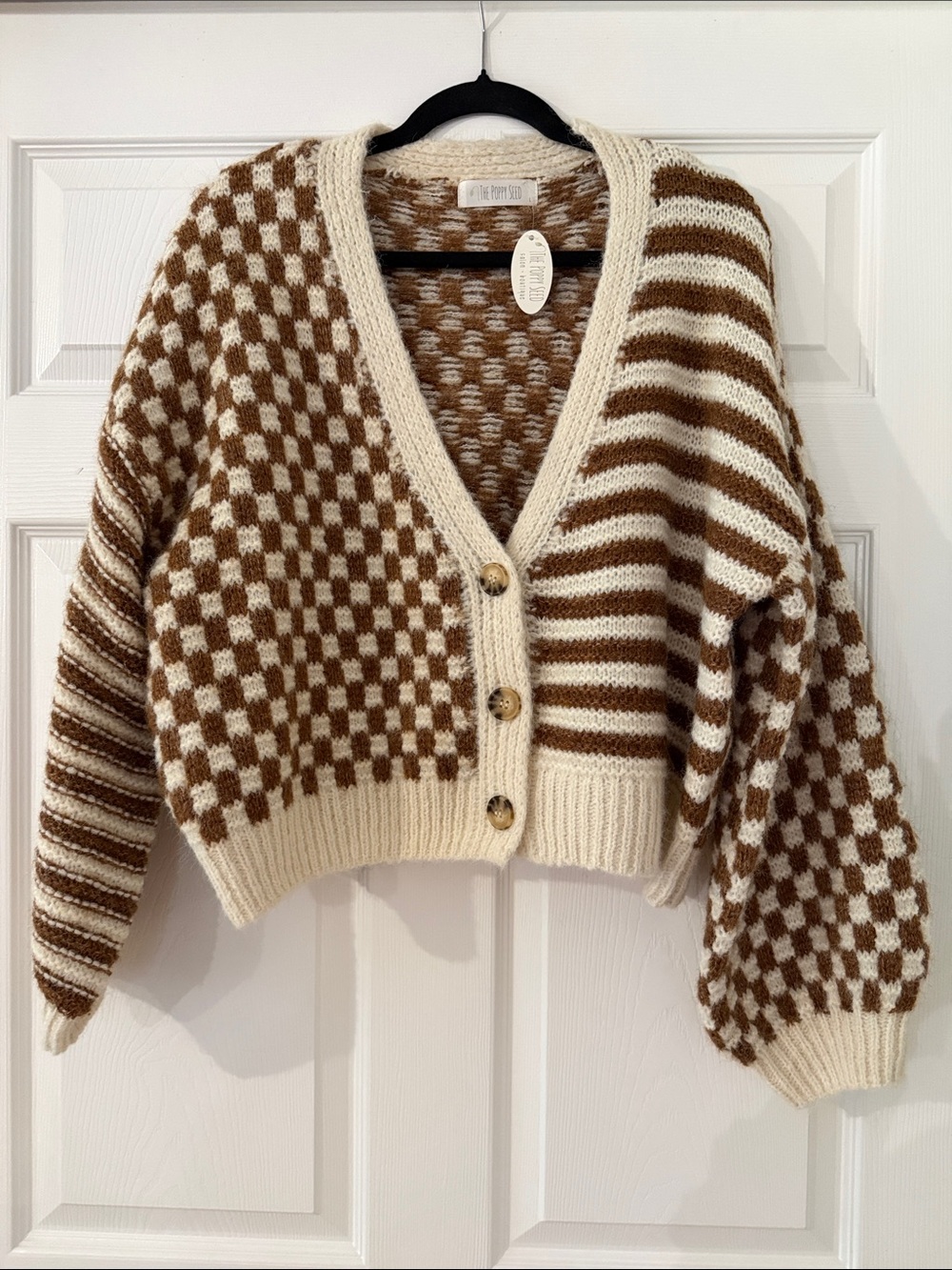 Checked & Striped Brown/Cream Button Front Cardigan